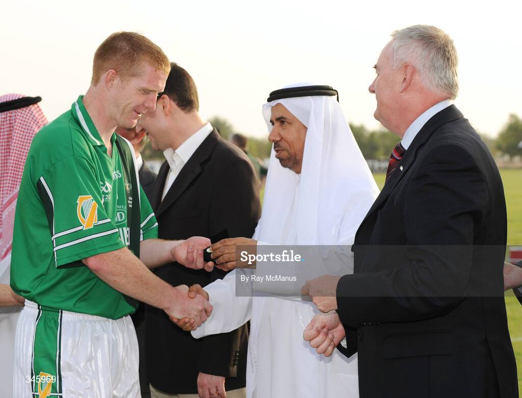 14 March 2009; His Excellency Saeed Bin Hofan Al Mansouri presents Henry Shefflin, Leinster, with his medal after the game in the company of GAA President-Elect Chirsty Cooney. M Donnelly Interprovincial Hurling Final presented by Etihad Airways, Leinster v Connacht, Ghantoot Racing and Polo Club, Abu Dhabi, United Arab Emirates. Picture credit: Ray McManus / SPORTSFILE
