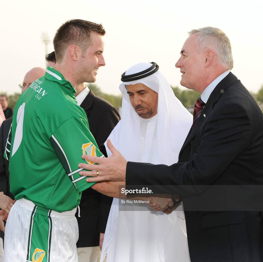 14 March 2009; Eoin Quigley, Leinster, is congratulated after the game by GAA President-Elect Chirsty Cooney. M Donnelly Interprovincial Hurling Final presented by Etihad Airways, Leinster v Connacht, Ghantoot Racing and Polo Club, Abu Dhabi, United Arab Emirates. Picture credit: Ray McManus / SPORTSFILE