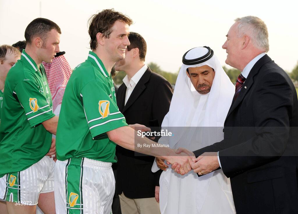 14 March 2009; Rory Hannify, Leinster, is congratulated after the game by GAA President-Elect Chirsty Cooney. M Donnelly Interprovincial Hurling Final presented by Etihad Airways, Leinster v Connacht, Ghantoot Racing and Polo Club, Abu Dhabi, United Arab Emirates. Picture credit: Ray McManus / SPORTSFILE