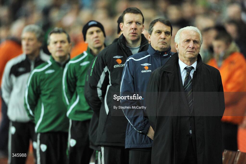 11 February 2009; Republic of Ireland manager Giovanni Trapattoni lines up in front of his backroom team, including assistant Marco Tardelli and goalkeeping coach Alan Kelly during the national anthems. 2010 FIFA World Cup Qualifier, Republic of Ireland v Georgia. Croke Park, Dublin. Picture credit: Stephen McCarthy / SPORTSFILE
