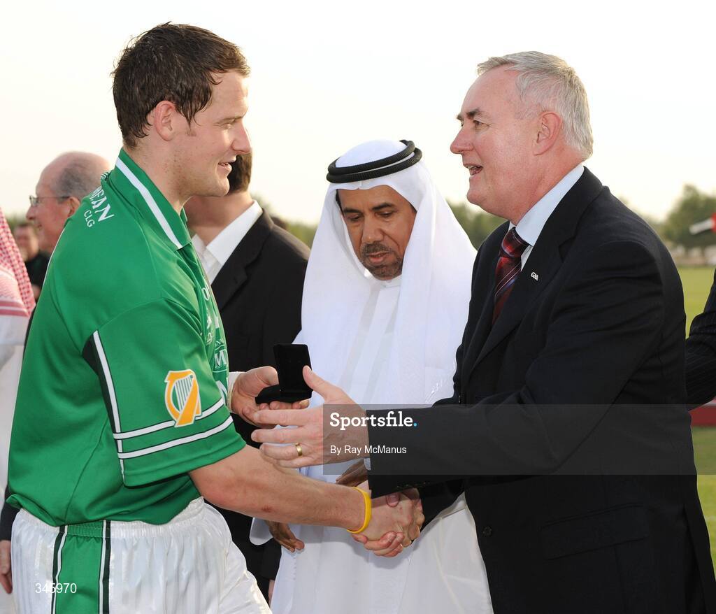 14 March 2009; Jackie Tyrrell, Leinster, is congratulated after the game by GAA President-Elect Chirsty Cooney. M Donnelly Interprovincial Hurling Final presented by Etihad Airways, Leinster v Connacht, Ghantoot Racing and Polo Club, Abu Dhabi, United Arab Emirates. Picture credit: Ray McManus / SPORTSFILE