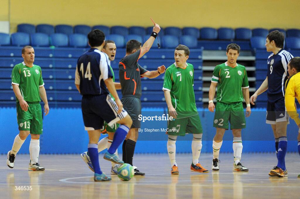 22 February 2009; Referee Gabor Kovacs shows Gary McCabe, Republic of Ireland, 7, a red card. UEFA Futsal Championship 2010 Qualifying Tournament, Republic of Ireland v Kazakhstan. National Basketball Arena, Tallaght. Picture credit: Stephen McCarthy / SPORTSFILE