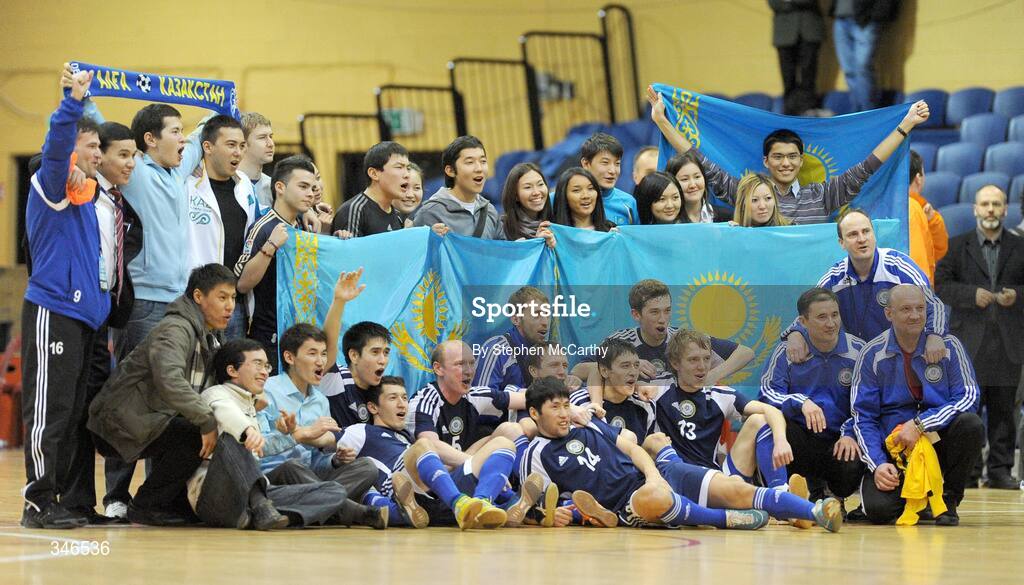 22 February 2009; The victorious Kazakhstan squad celebrate with supporters after victory in all three tournament games. UEFA Futsal Championship 2010 Qualifying Tournament, Republic of Ireland v Kazakhstan. National Basketball Arena, Tallaght. Picture credit: Stephen McCarthy / SPORTSFILE