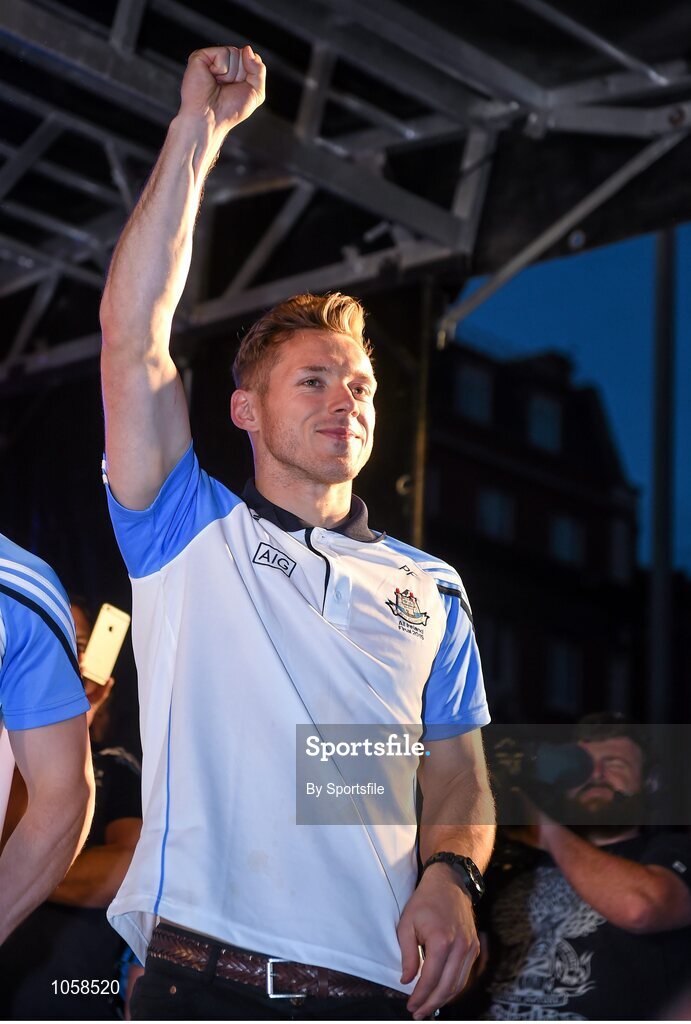 21 September 2015; Dublin's Paul Flynn waves to the crowd during the team homecoming. O'Connell St, Dublin. Photo by Sportsfile