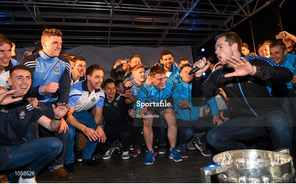 21 September 2015; Dublin's Dean Rock singing on stage during the team homecoming. O'Connell St, Dublin. Photo by Sportsfile