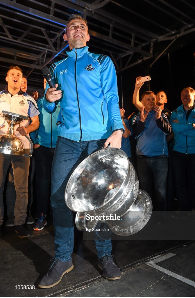 21 September 2015; Dublin's Alan Brogan on stage during the team homecoming. O'Connell St, Dublin. Photo by Sportsfile