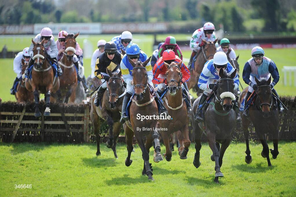 12 April 2009; Runners and riders race clear of the last first time around during the Irish Stallion Farms European Breeders Fund Mares Novice Hurdle Championship Final. Fairyhouse, Co. Meath. Picture credit: Brian Lawless / SPORTSFILE *** Local Caption ***