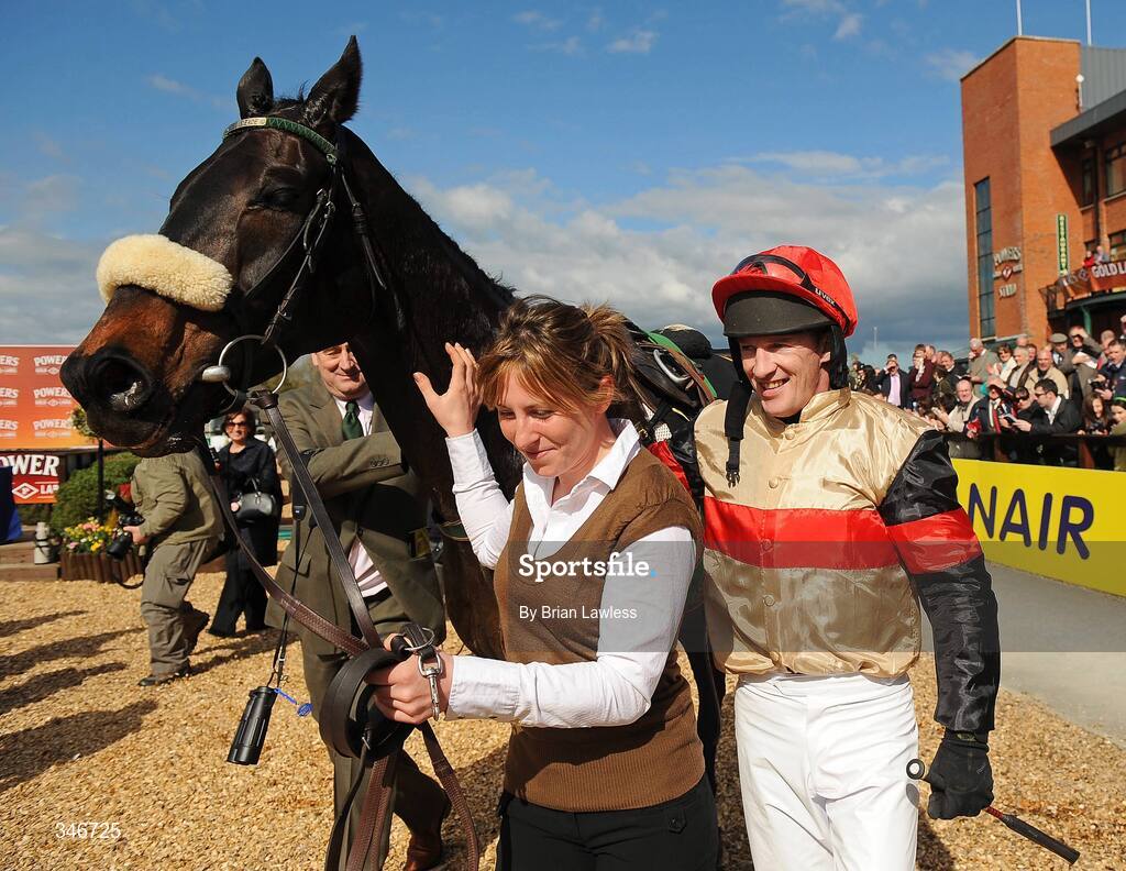 12 April 2009; Jockey Paul Carberry enters the parade ring with Aran Concerto after winning the Powers Gold Cup. Fairyhouse, Co. Meath. Picture credit: Brian Lawless / SPORTSFILE *** Local Caption ***