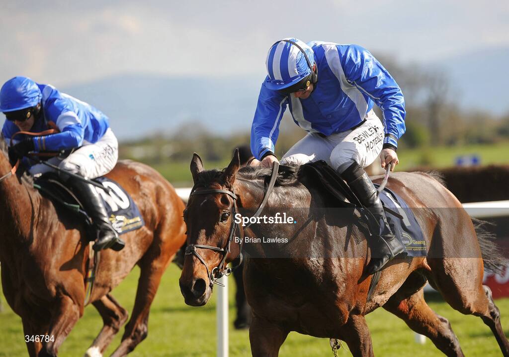 12 April 2009; Aggie's Lad, with Ruby Walsh up, races ahead of second place Peplum, with Andrew McNamara up, on the way to winning the Ryan's Cleaning Events Specialist Beginners Steeplechase. Fairyhouse, Co. Meath. Picture credit: Brian Lawless / SPORTSFILE *** Local Caption ***