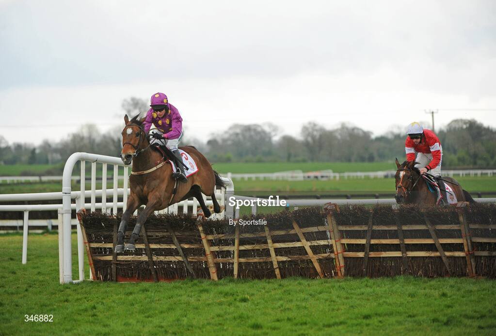 13 April 2009; Big Zeb, with Barry Geraghty up, jumps the last on their way to winning the King Crisps Hurdle ahead of Psycho, right, with Ruby Walsh up. Fairyhouse Racecourse, Co. Meath. Photo by Sportsfile