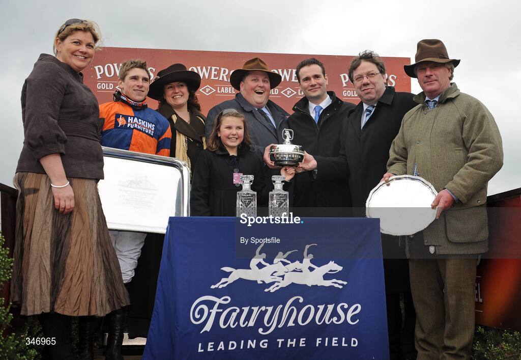 13 April 2009; An Taoiseach Brian Cowen with the winning connections of Niche Market after winning the Powers Whiskey Irish Grand National Steeplechase. Fairyhouse Racecourse, Co. Meath. Photo by Sportsfile