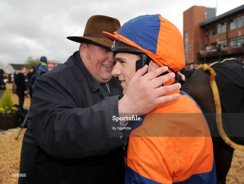 13 April 2009; Owner of Niche Market Graham Regan congratulates jockey Harry Skelton after winning the Powers Whiskey Irish Grand National Steeplechase. Fairyhouse Racecourse, Co. Meath. Photo by Sportsfile