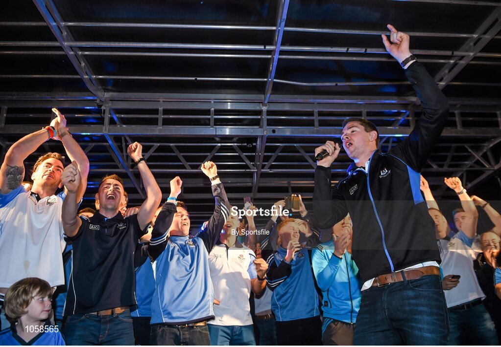 21 September 2015; Dublin's Dean Rock sings on stage during the team homecoming. O'Connell St, Dublin. Photo by Sportsfile