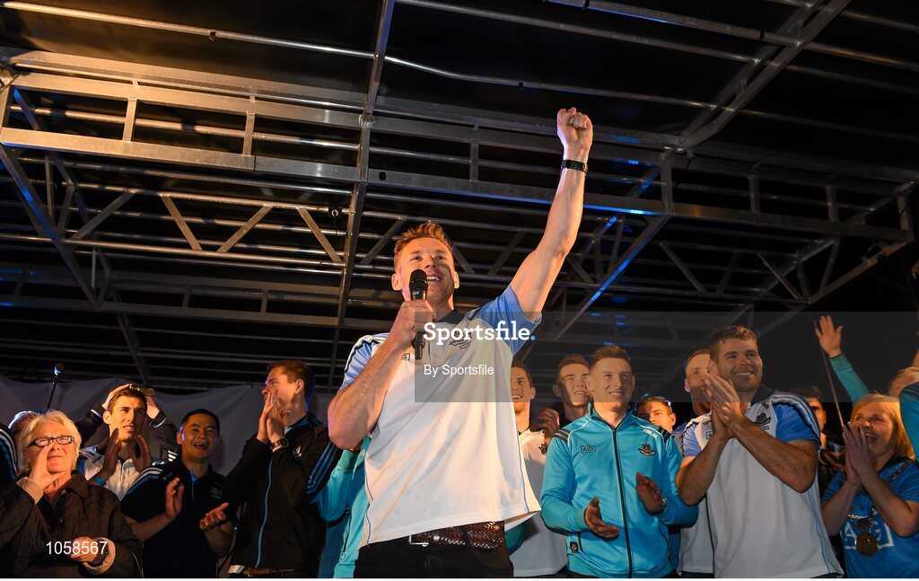 21 September 2015; Dublin's Paul Flynn on stage during the team homecoming. O'Connell St, Dublin. Photo by Sportsfile