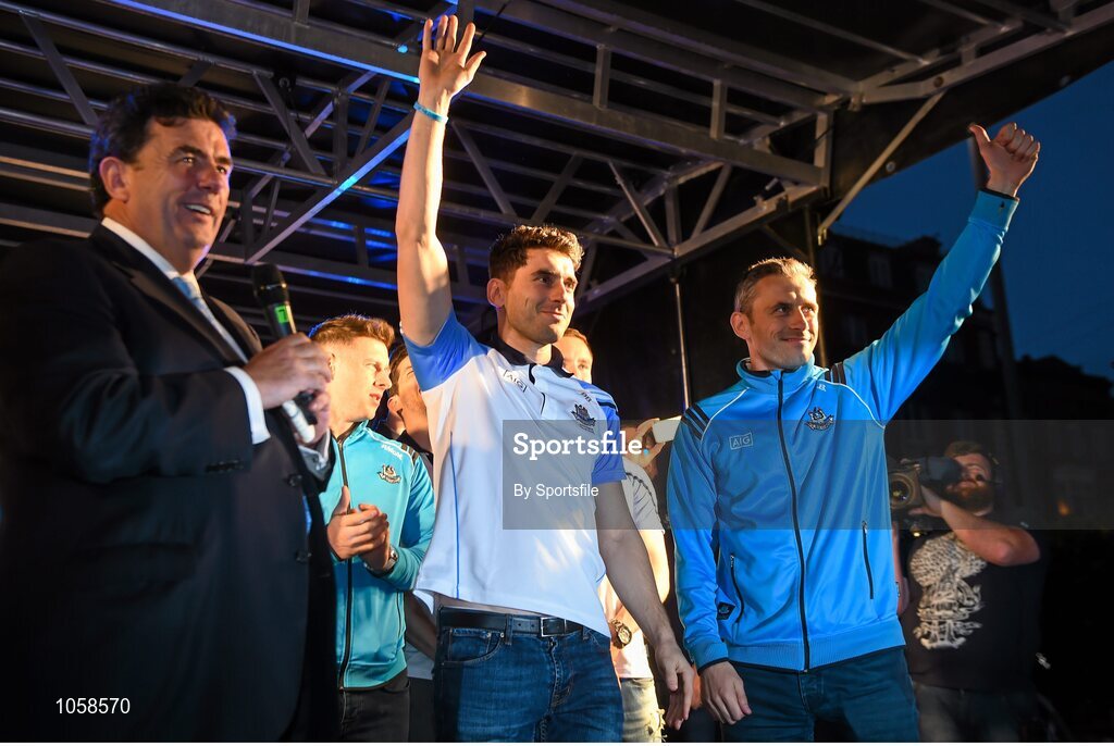 21 September 2015; Dublin's Bernard and Alan Brogan on stage during the team homecoming. O'Connell St, Dublin. Photo by Sportsfile