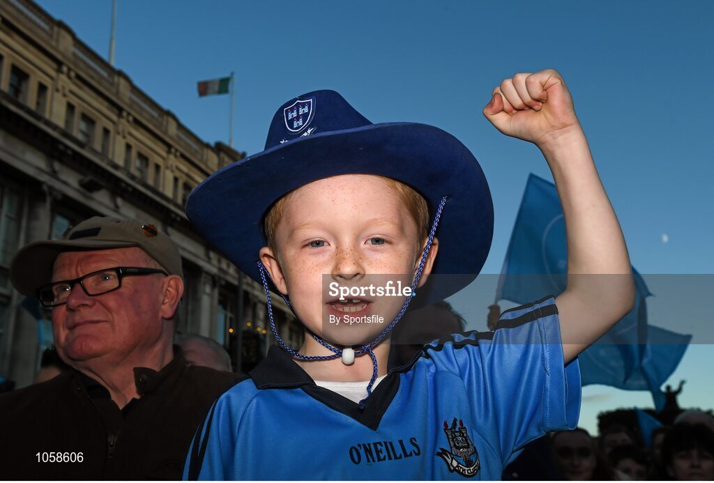 21 September 2015; Dublin supporter Eoin Gormley, age 6, from Irishtown, Dublin, during the team homecoming. O'Connell St, Dublin. Photo by Sportsfile