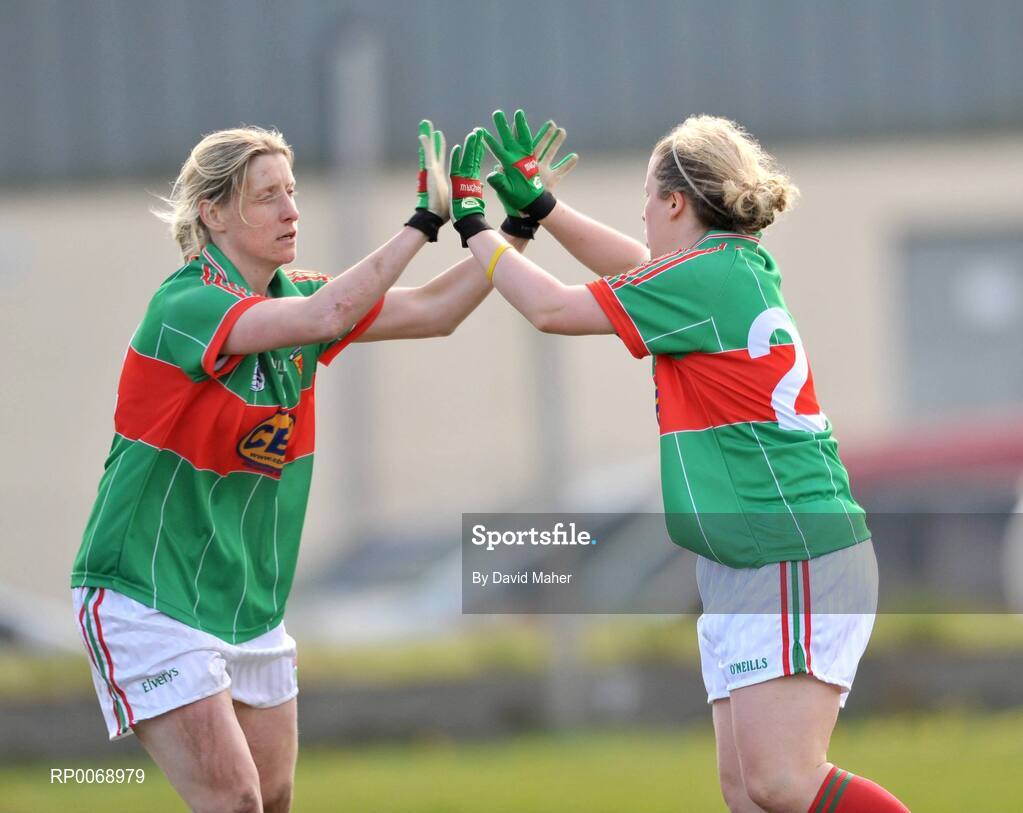 19 April 2009; Emma Mullin, right , Mayo, celebrates with her team-mate Cora Staunton, after scoring her side's third goal. Bord Gais Energy Ladies National Football League, Division 1, Semi-Final, Mayo v Laois, Aughamore, Ballyhaunis, Co Mayo. Picture credit: David Maher / SPORTSFILE