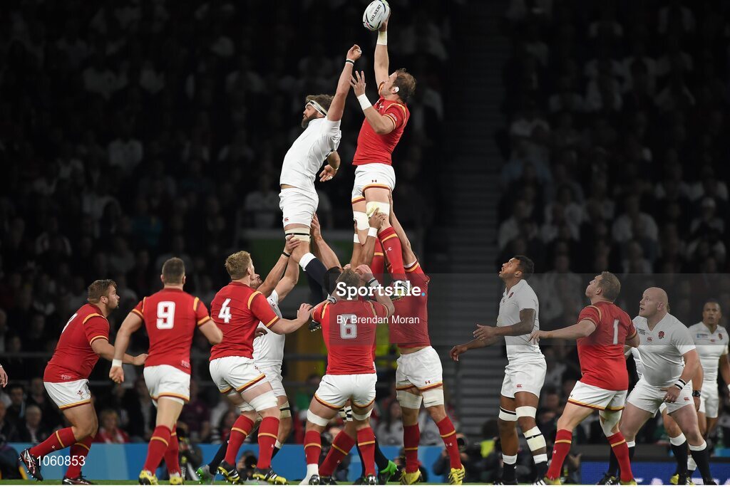 26 September 2015; Alun Wyn Jones, Wales, wins possession for his side in a lineout ahead of Geoff Parling, England. 2015 Rugby World Cup, Pool A, England v Wales, Twickenham Stadium, London, England. Picture credit: Brendan Moran / SPORTSFILE