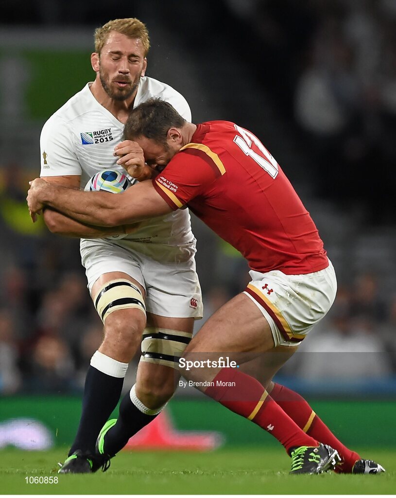 26 September 2015; Chris Robshaw, England, is tackled by Jamie Roberts, Wales. 2015 Rugby World Cup, Pool A, England v Wales, Twickenham Stadium, London, England. Picture credit: Brendan Moran / SPORTSFILE