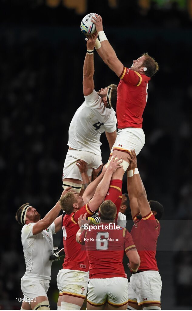 26 September 2015; Alun Wyn Jones, Wales, wins possession for his side in a lineout ahead of Courtney Lawes, England. 2015 Rugby World Cup, Pool A, England v Wales, Twickenham Stadium, London, England. Picture credit: Brendan Moran / SPORTSFILE