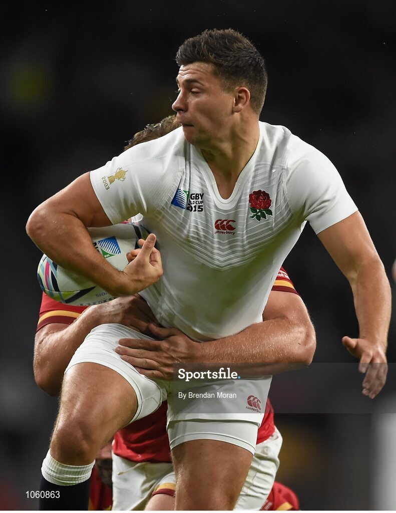 26 September 2015; Ben Youngs, England, loses possession as he is tackled by Scott Baldwin and Tom Francis, Wales. 2015 Rugby World Cup, Pool A, England v Wales, Twickenham Stadium, London, England. Picture credit: Brendan Moran / SPORTSFILE