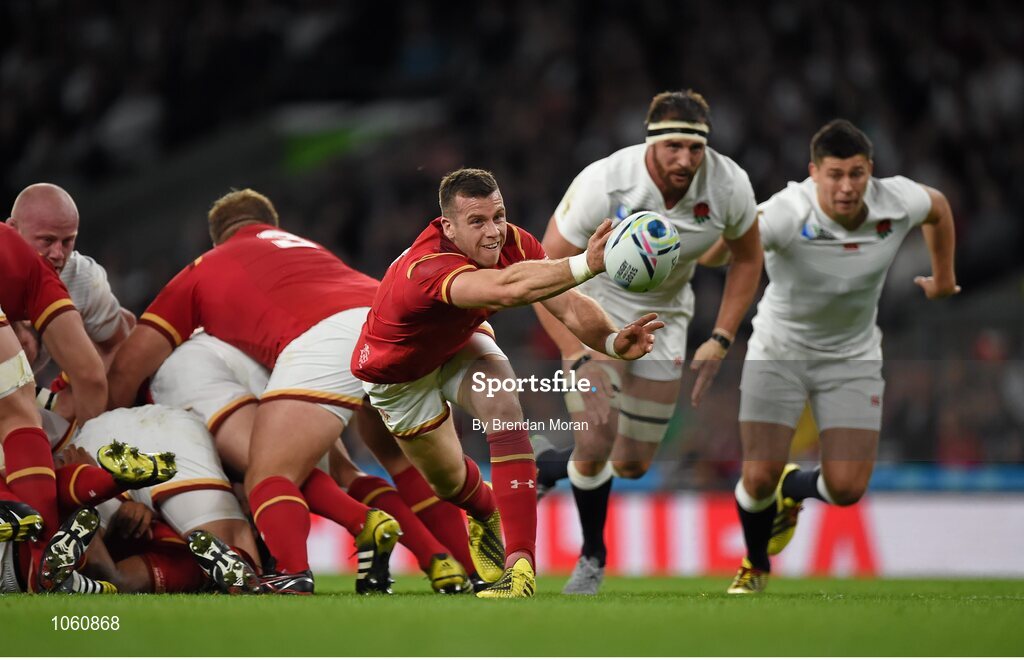 26 September 2015; Gareth Davies, Wales, gets the ball away. 2015 Rugby World Cup, Pool A, England v Wales, Twickenham Stadium, London, England. Picture credit: Brendan Moran / SPORTSFILE