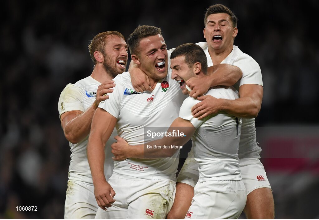 26 September 2015; Jonny May, England, second from right, is congratulated by team-mates, from left, Chris Robshaw, Sam Burgess and Ben Youngs after scoring his side's first try. 2015 Rugby World Cup, Pool A, England v Wales, Twickenham Stadium, London, England. Picture credit: Brendan Moran / SPORTSFILE