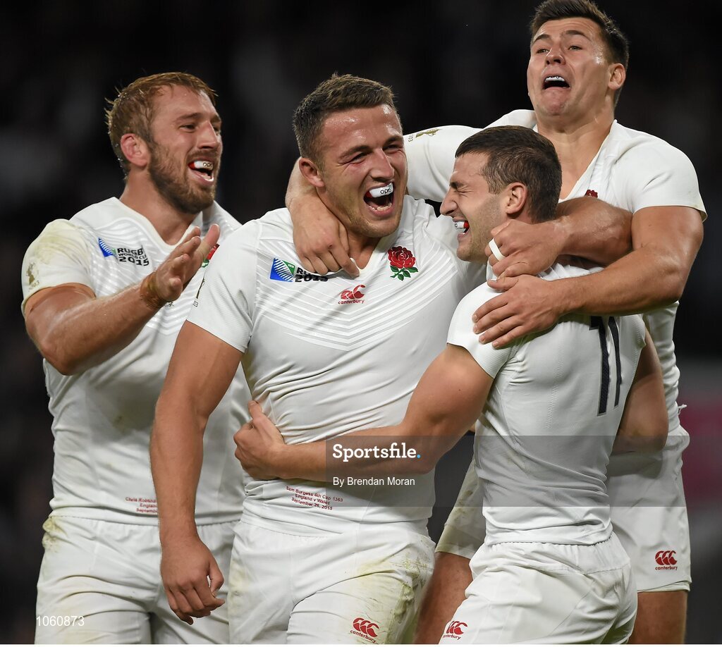26 September 2015; Jonny May, England, second from right, is congratulated by team-mates, from left, Chris Robshaw, Sam Burgess and Ben Youngs after scoring his side's first try. 2015 Rugby World Cup, Pool A, England v Wales, Twickenham Stadium, London, England. Picture credit: Brendan Moran / SPORTSFILE