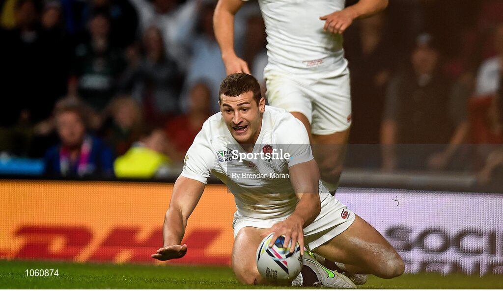 26 September 2015; Jonny May, England, goes over to score his side's first try. 2015 Rugby World Cup, Pool A, England v Wales, Twickenham Stadium, London, England. Picture credit: Brendan Moran / SPORTSFILE