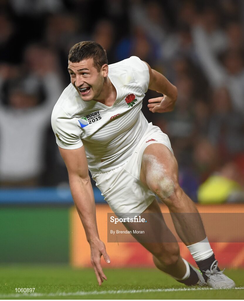 26 September 2015; Jonny May, England, celebrates after scoring his side's first try. 2015 Rugby World Cup, Pool A, England v Wales, Twickenham Stadium, London, England. Picture credit: Brendan Moran / SPORTSFILE