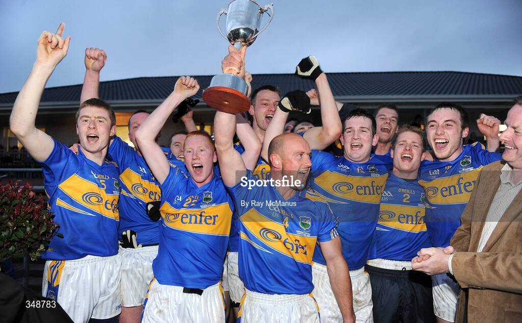 25 April 2009; Tipperary captain Andrew Morrissey, no. 4,  lifts the cup after victory over Down. Allianz GAA National Football League, Division 3 Final, Down v Tipperary, Pearse Park, Longford. Picture credit: Ray McManus / SPORTSFILE