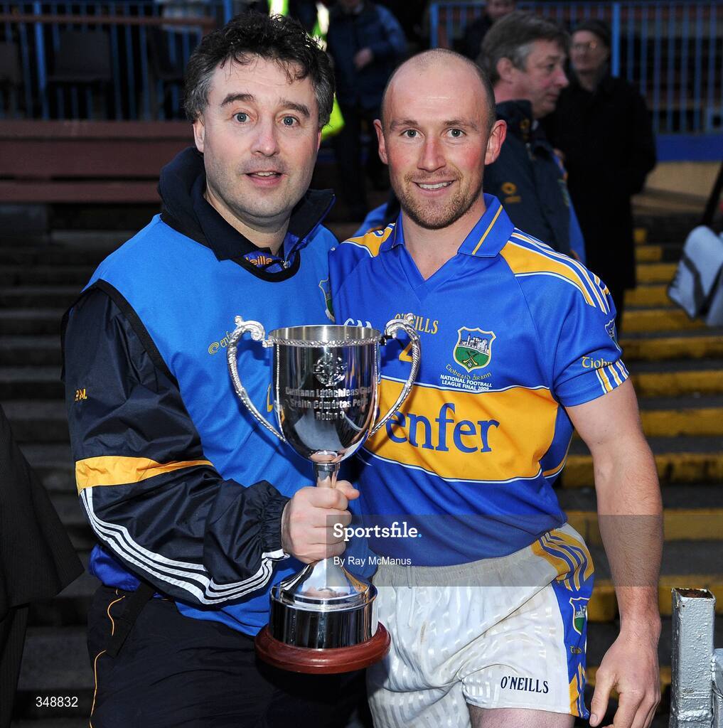 25 April 2009; The Tipperary captain Andrew Morrissey and Doctor Peter Murchan with the cup. Allianz GAA National Football League, Division 3 Final, Down v Tipperary, Pearse Park, Longford. Picture credit: Ray McManus / SPORTSFILE