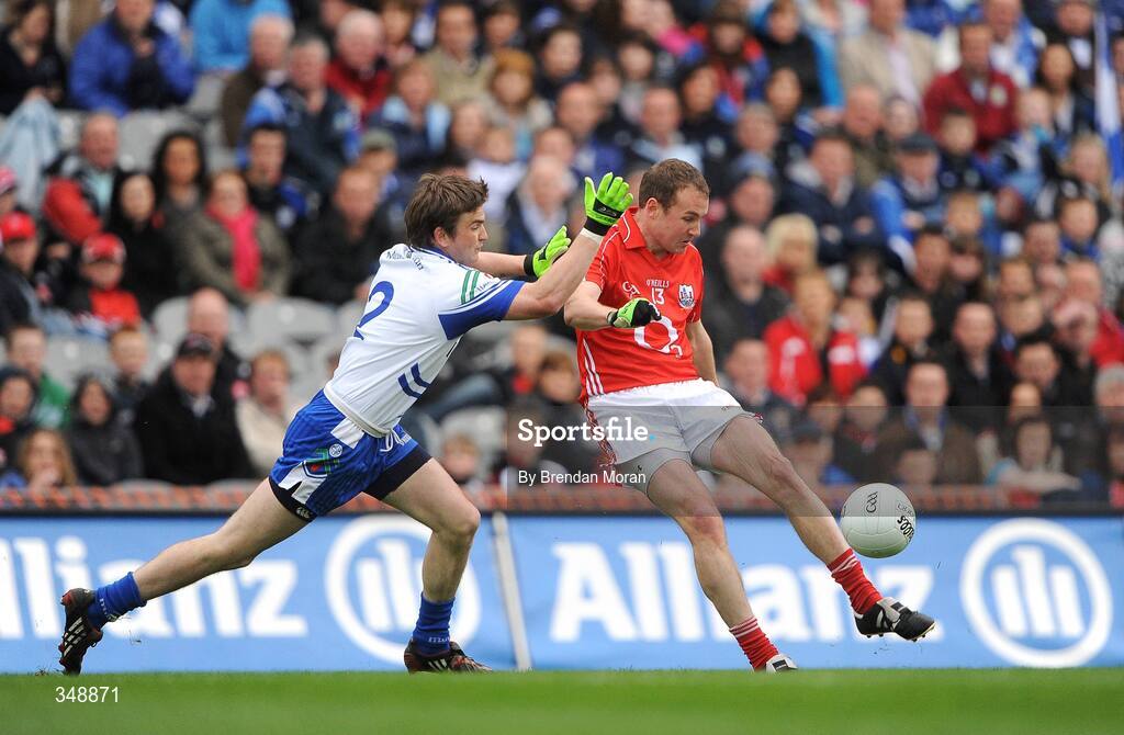 26 April 2009; James Masters, Cork, in action against Dessie Mone, Monaghan. Allianz GAA National Football League, Division 2 Final, Cork v Monaghan, Croke Park, Dublin. Picture credit: Brendan Moran / SPORTSFILE