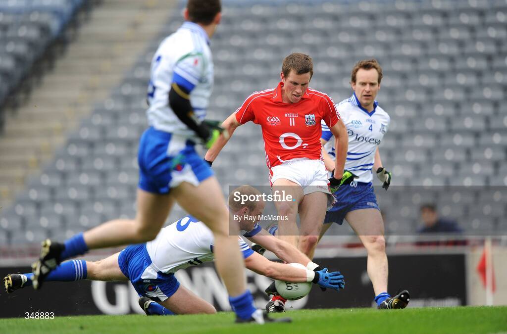 26 April 2009; Dick Clerkin, Monaghan, dives to divert a shot from Cork's Patrick Kelly out for a '45'. Allianz GAA National Football League, Division 2 Final, Cork v Monaghan, Croke Park, Dublin. Picture credit: Ray McManus / SPORTSFILE