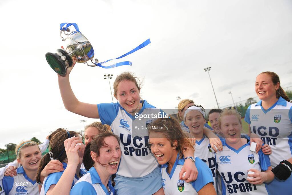 26 April 2009;  Lisa Jacob, UCD captain, celebrates with her team-mates after victory over Pegasus. ESB Irish Senior Women's Cup Final, Pegasus v UCD, National Hockey Stadium, UCD, Dublin. Picture credit: David Maher / SPORTSFILE