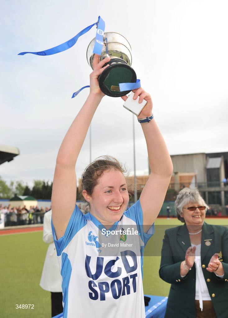 26 April 2009; Lisa Jacob, UCD captain, lifts the cup after victory over Pegasus. ESB Irish Senior Women's Cup Final, Pegasus v UCD, National Hockey Stadium, UCD, Dublin. Picture credit: David Maher / SPORTSFILE