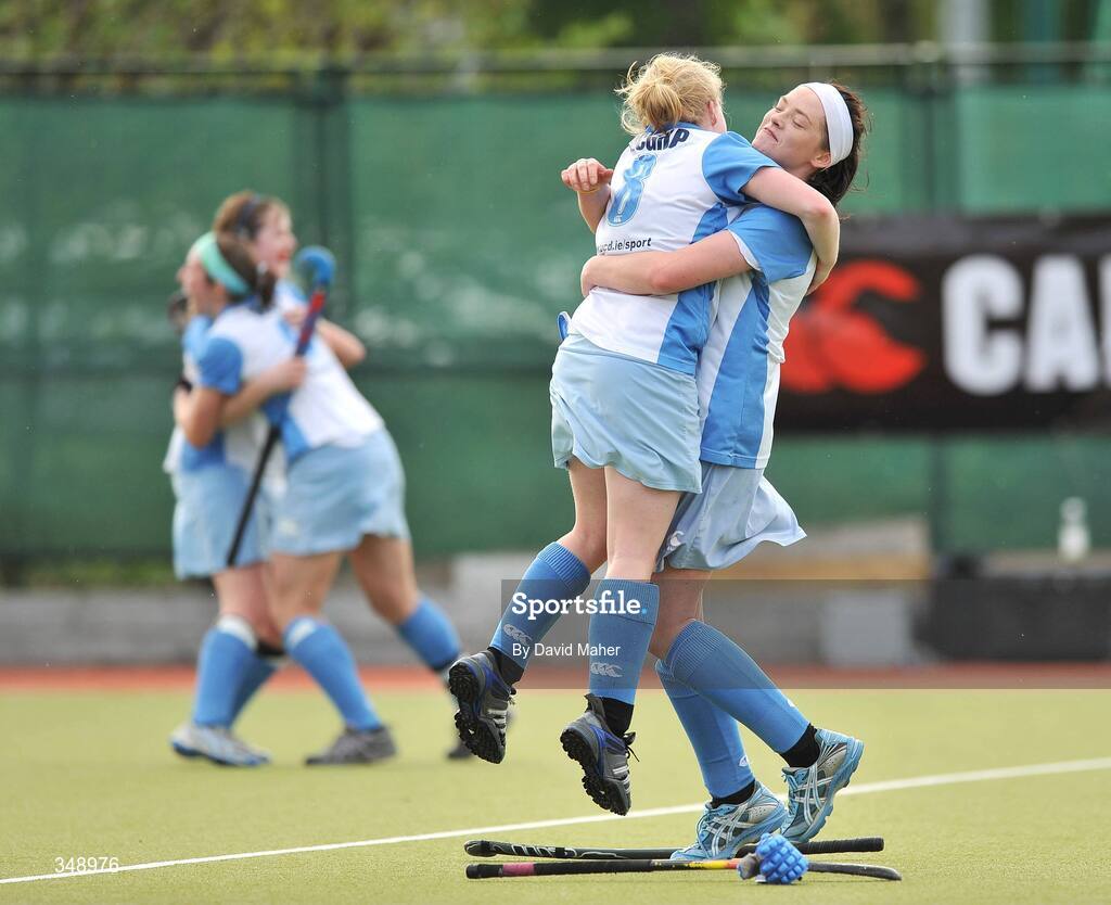 26 April 2009; Caitriona McGlip, left, and Liz McInerney , UCD, celebrate after victory over Pegasus. ESB Irish Senior Women's Cup Final, Pegasus v UCD, National Hockey Stadium, UCD, Dublin. Picture credit: David Maher / SPORTSFILE