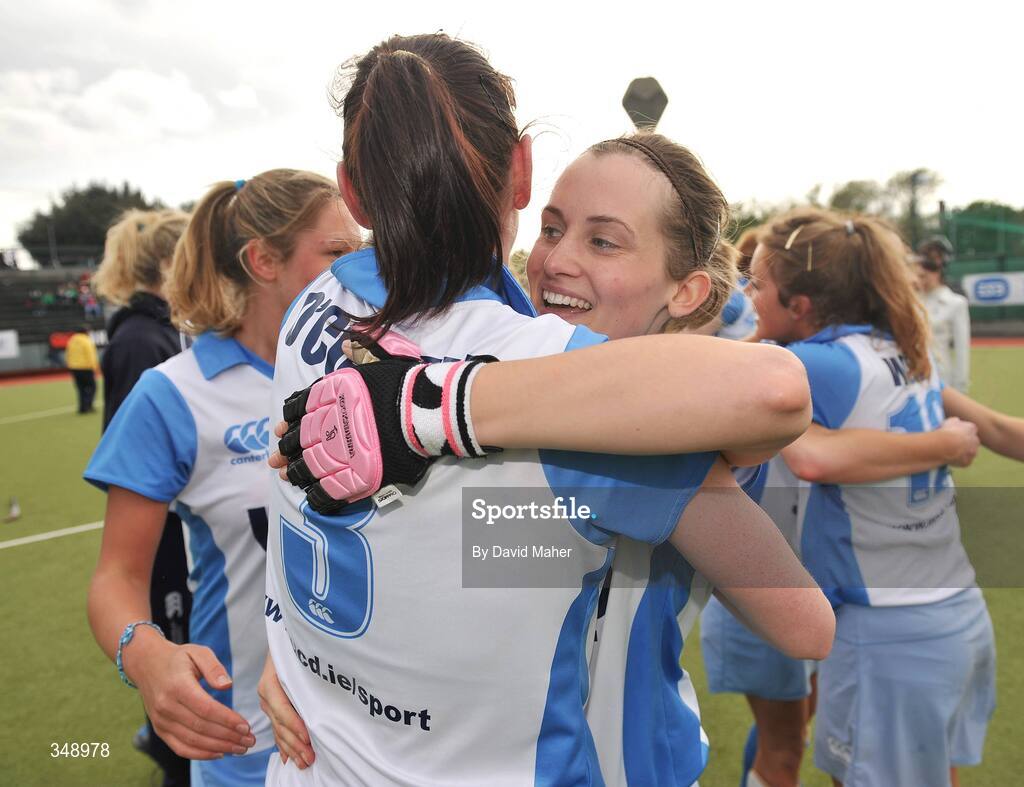 26 April 2009; Fiona Bradish, right, UCD, celebrates with her team-mate Marie O'Connell after victory over Pegasus. ESB Irish Senior Women's Cup Final, Pegasus v UCD, National Hockey Stadium, UCD, Dublin. Picture credit: David Maher / SPORTSFILE