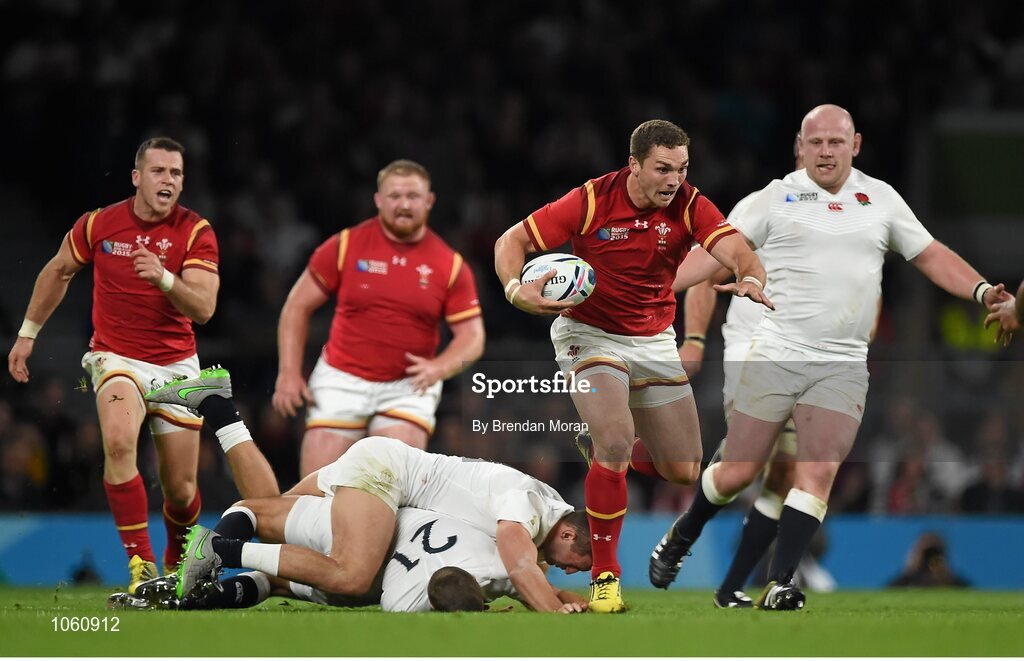 26 September 2015; George North, Wales, breaks through the tackles of Jonny May and Richard Wigglesworth, England. 2015 Rugby World Cup, Pool A, England v Wales, Twickenham Stadium, London, England. Picture credit: Brendan Moran / SPORTSFILE