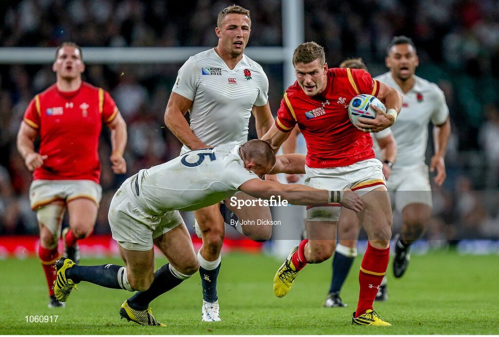 26 September 2015; Scott Williams, Wales, is tackled by Mike Brown, England. 2015 Rugby World Cup, Pool A, England v Wales, Twickenham Stadium, London, England. Picture credit: John Dickson / SPORTSFILE