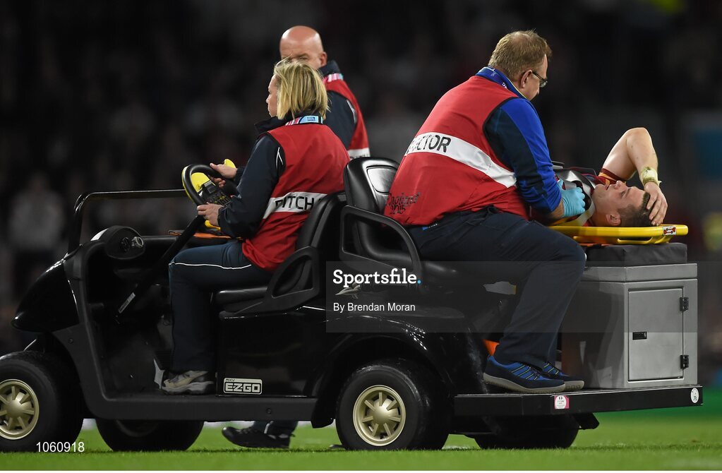 26 September 2015; Scott Williams, Wales, is taken off the pitch on a stretcher. 2015 Rugby World Cup, Pool A, England v Wales, Twickenham Stadium, London, England. Picture credit: Brendan Moran / SPORTSFILE
