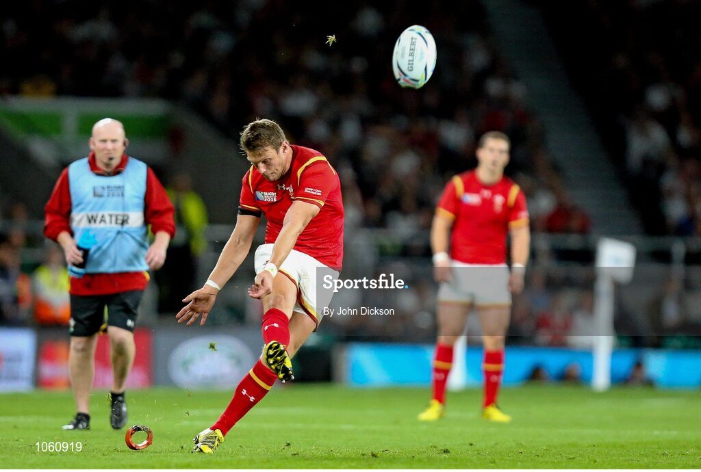 26 September 2015; Dan Biggar, Wales, kicks a conversion. 2015 Rugby World Cup, Pool A, England v Wales, Twickenham Stadium, London, England. Picture credit: John Dickson / SPORTSFILE