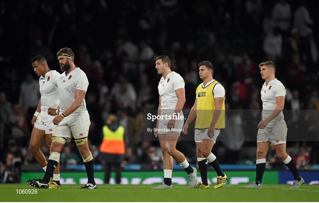 26 September 2015; Dejected England players, from left, Anthony Watson, Geoff Parling, Jonny May, Ben Youngs and Owen Farrell at the final whistle. 2015 Rugby World Cup, Pool A, England v Wales, Twickenham Stadium, London, England. Picture credit: Brendan Moran / SPORTSFILE