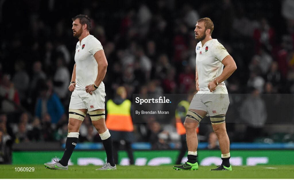26 September 2015; Dejected England players Tom Wood, left, and Chris Robshaw after the game. 2015 Rugby World Cup, Pool A, England v Wales, Twickenham Stadium, London, England. Picture credit: Brendan Moran / SPORTSFILE