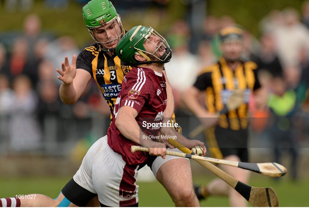 27 September 2015; Shane McNaughton, Ruairi Og Cushendall, in action against Matthew Donnelly, Ballycastle McQuillan. Antrim Senior Championship Hurling Final, Ruairi Og Cushendall v Ballycastle McQuillan, Dunloy GAA Club, Dunloy, Co. Antrim. Picture credit: Oliver McVeigh / SPORTSFILE