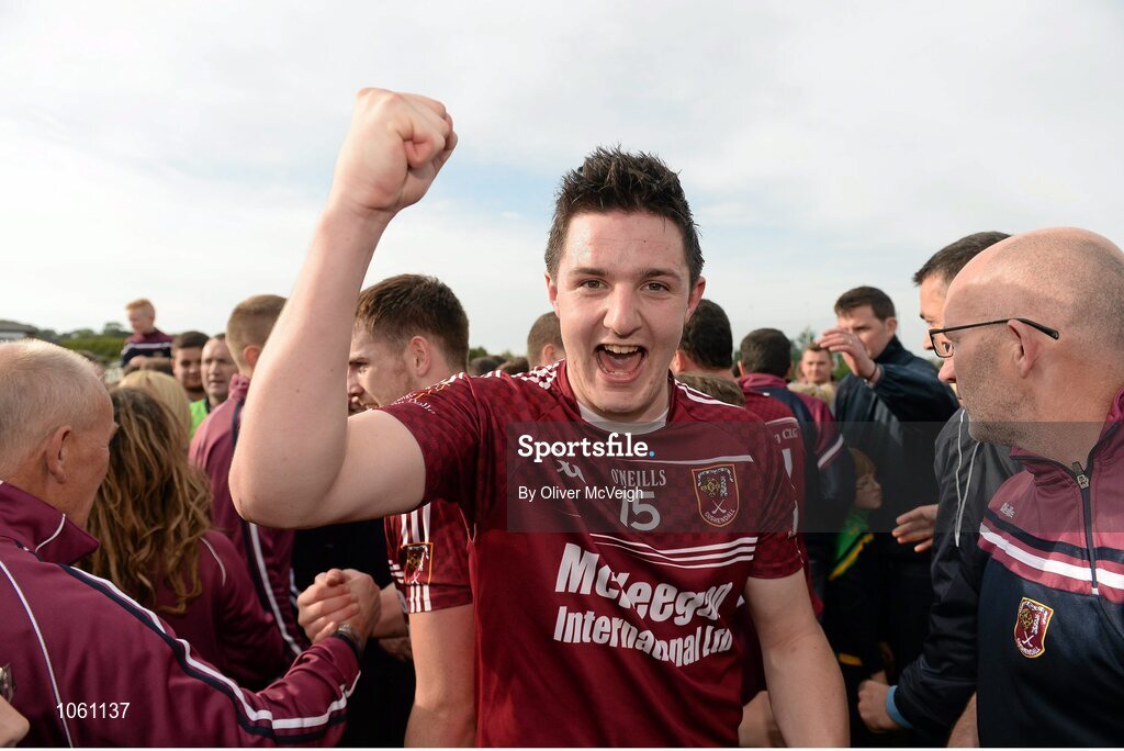 27 September 2015; Christy McNaughton, Ruairi Og Cushendall, celebrates after the game. Antrim Senior Championship Hurling Final, Ruairi Og Cushendall v Ballycastle McQuillan, Dunloy GAA Club, Dunloy, Co. Antrim. Picture credit: Oliver McVeigh / SPORTSFILE