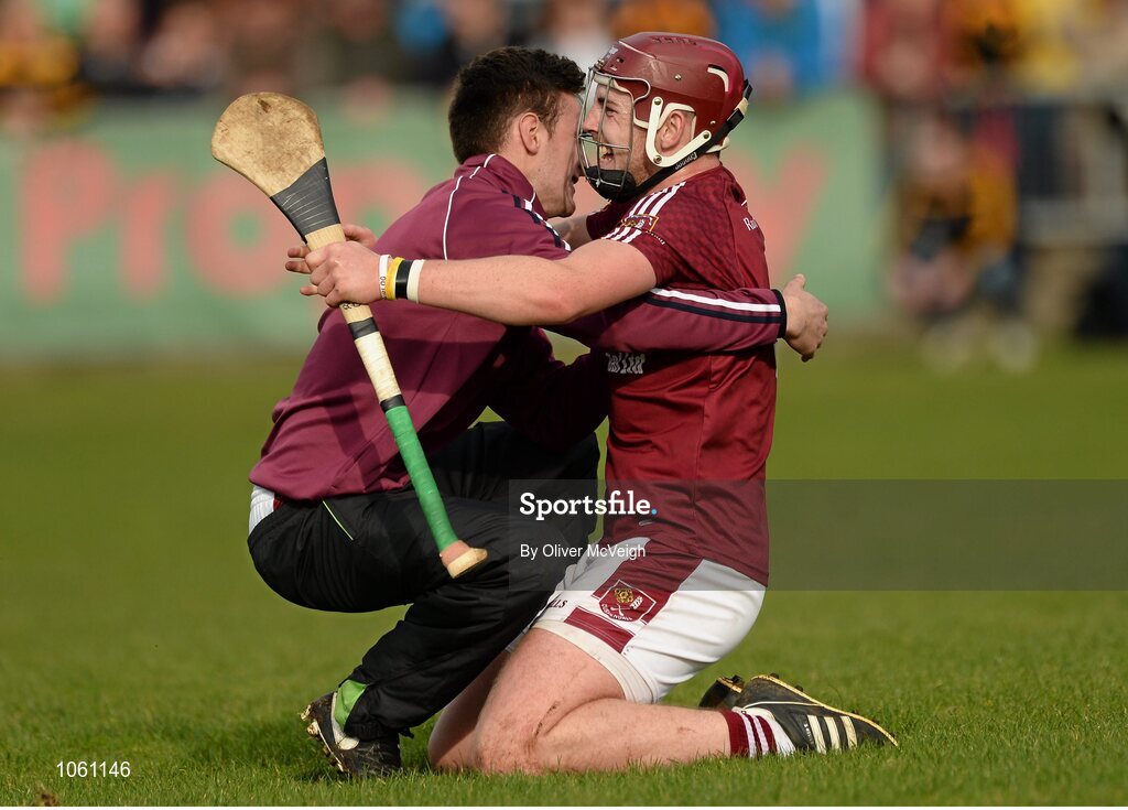 27 September 2015; Ryan McCambridge, Ruairi Og Cushendall, celebrates with a supporter at the final whistle. Antrim Senior Championship Hurling Final, Ruairi Og Cushendall v Ballycastle McQuillan, Dunloy GAA Club, Dunloy, Co. Antrim. Picture credit: Oliver McVeigh / SPORTSFILE