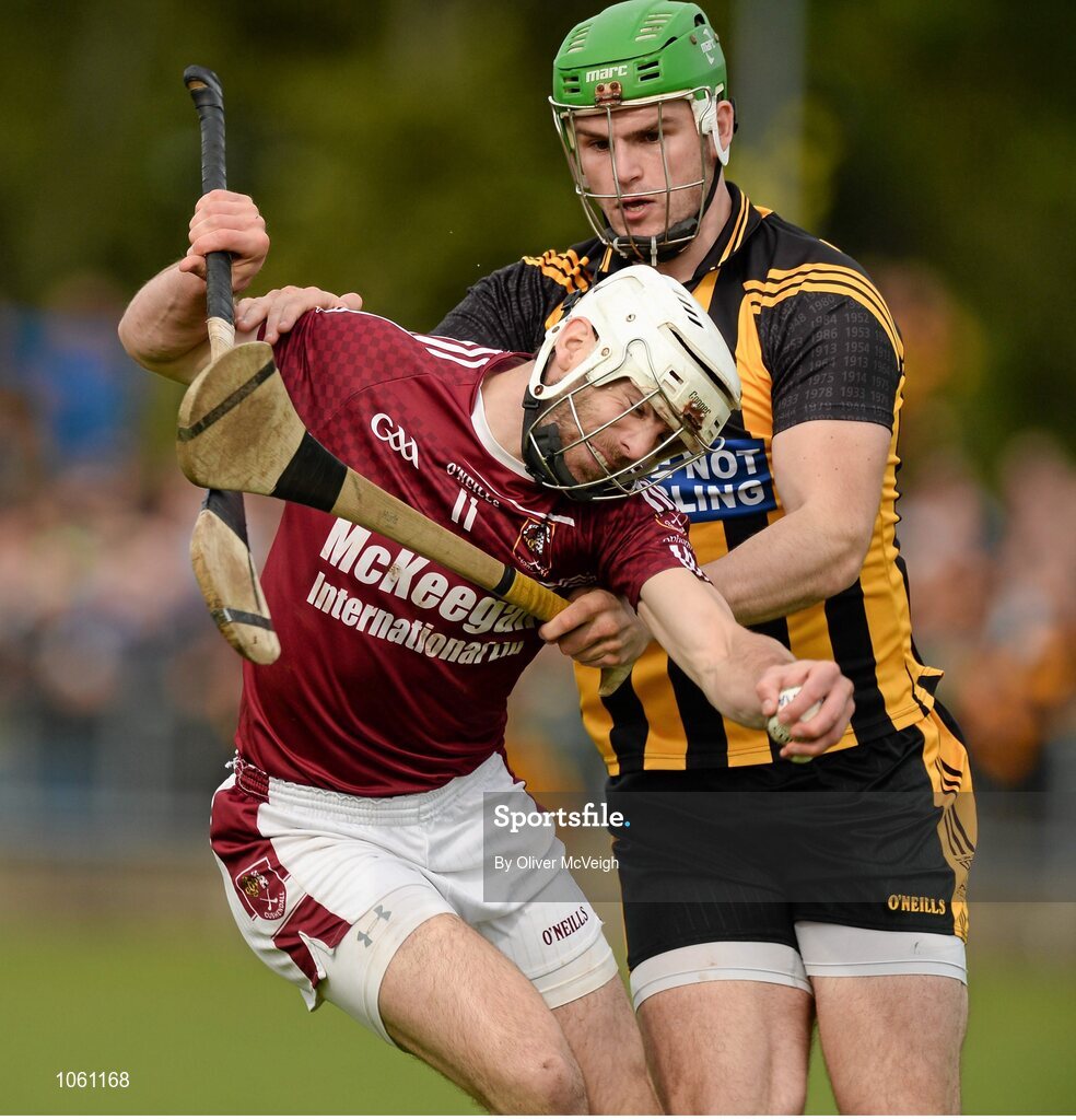 27 September 2015; Neil McManus, Ruairi Og Cushendall, in action against Matthew Donnelly, Ballycastle McQuillan. Antrim Senior Championship Hurling Final, Ruairi Og Cushendall v Ballycastle McQuillan, Dunloy GAA Club, Dunloy, Co. Antrim. Picture credit: Oliver McVeigh / SPORTSFILE