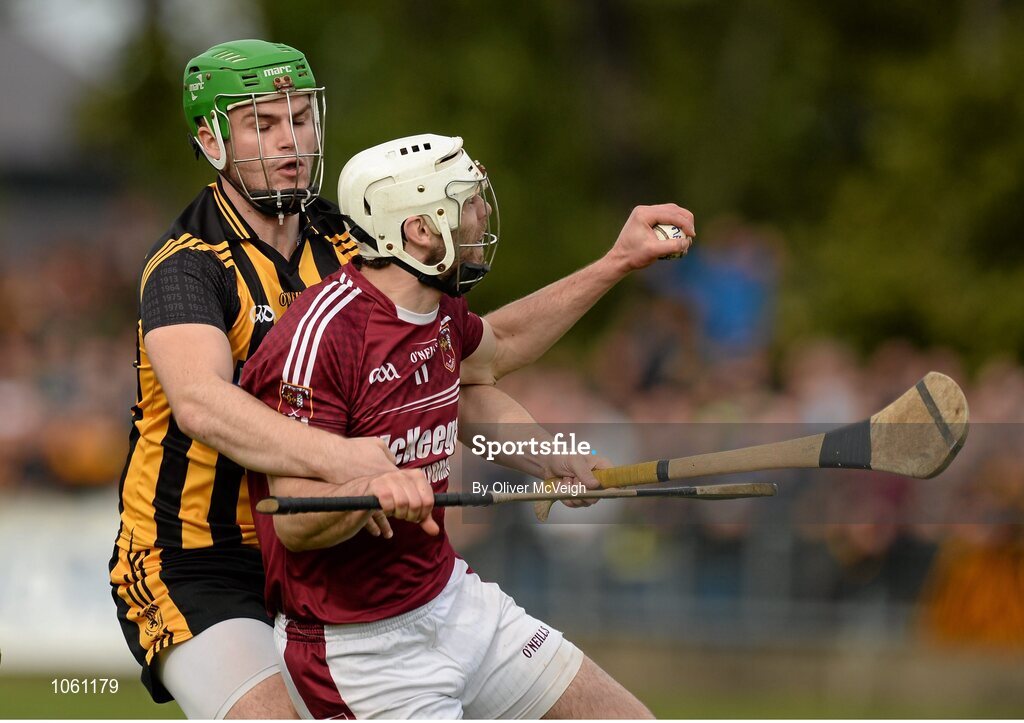 27 September 2015; Neil McManus, Ruairi Og Cushendall, in action against Matthew Donnelly, Ballycastle McQuillan. Antrim Senior Championship Hurling Final, Ruairi Og Cushendall v Ballycastle McQuillan, Dunloy GAA Club, Dunloy, Co. Antrim. Picture credit: Oliver McVeigh / SPORTSFILE