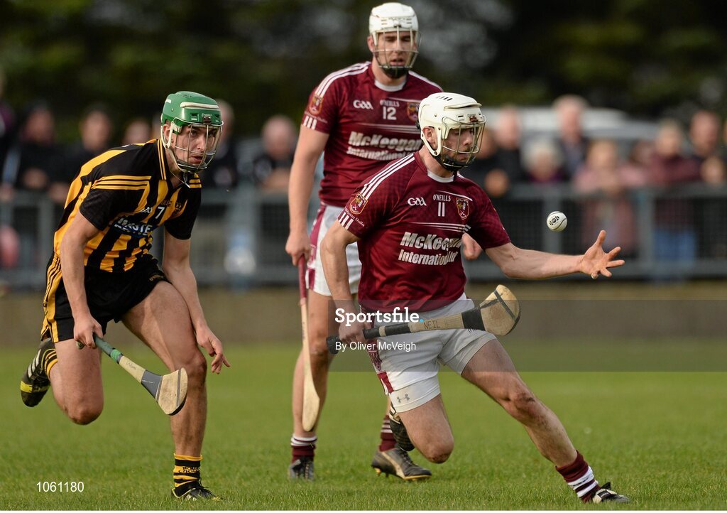 27 September 2015; Neil McManus, Ruairi Og Cushendall, in action against Eoin McAlonan, Ballycastle McQuillan. Antrim Senior Championship Hurling Final, Ruairi Og Cushendall v Ballycastle McQuillan, Dunloy GAA Club, Dunloy, Co. Antrim. Picture credit: Oliver McVeigh / SPORTSFILE